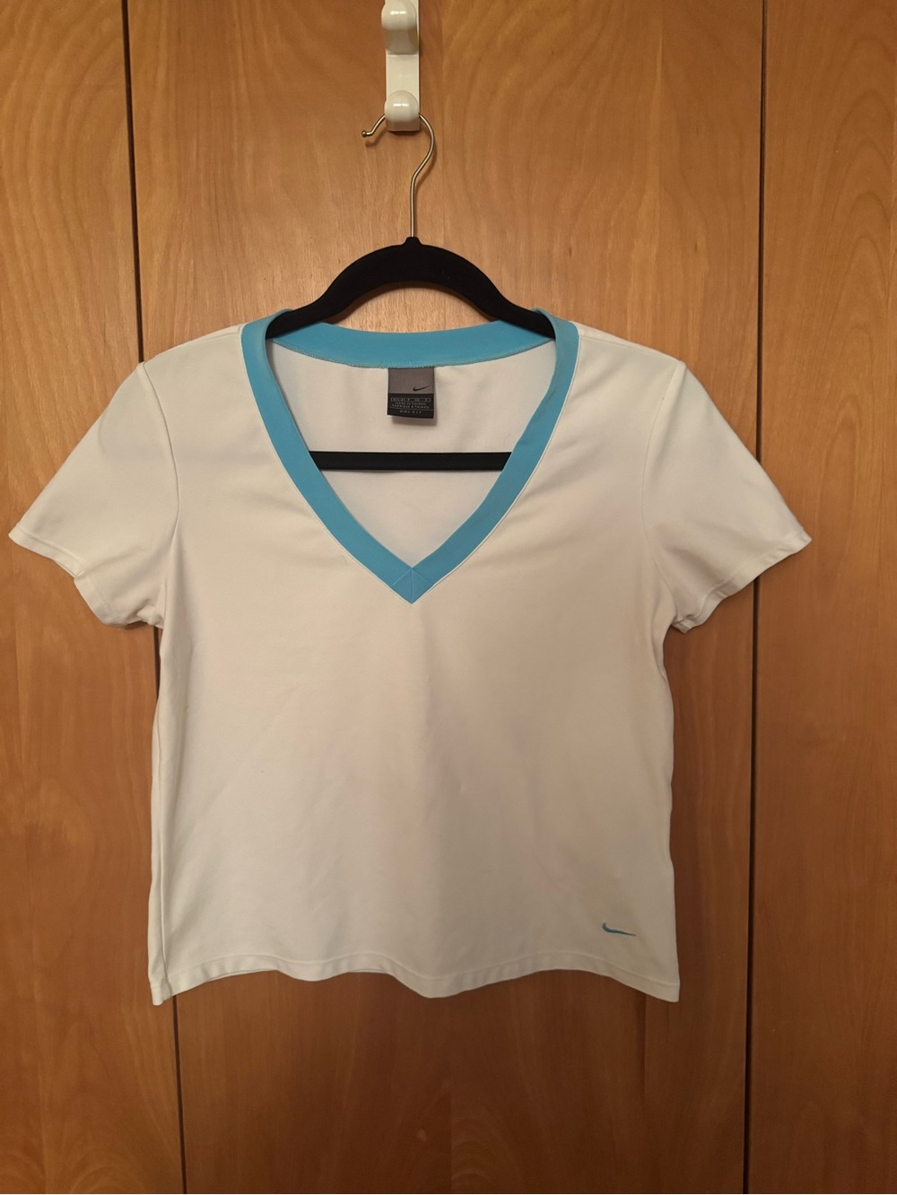 Nike Women's White V-Neck Tee with Light Blue Trim